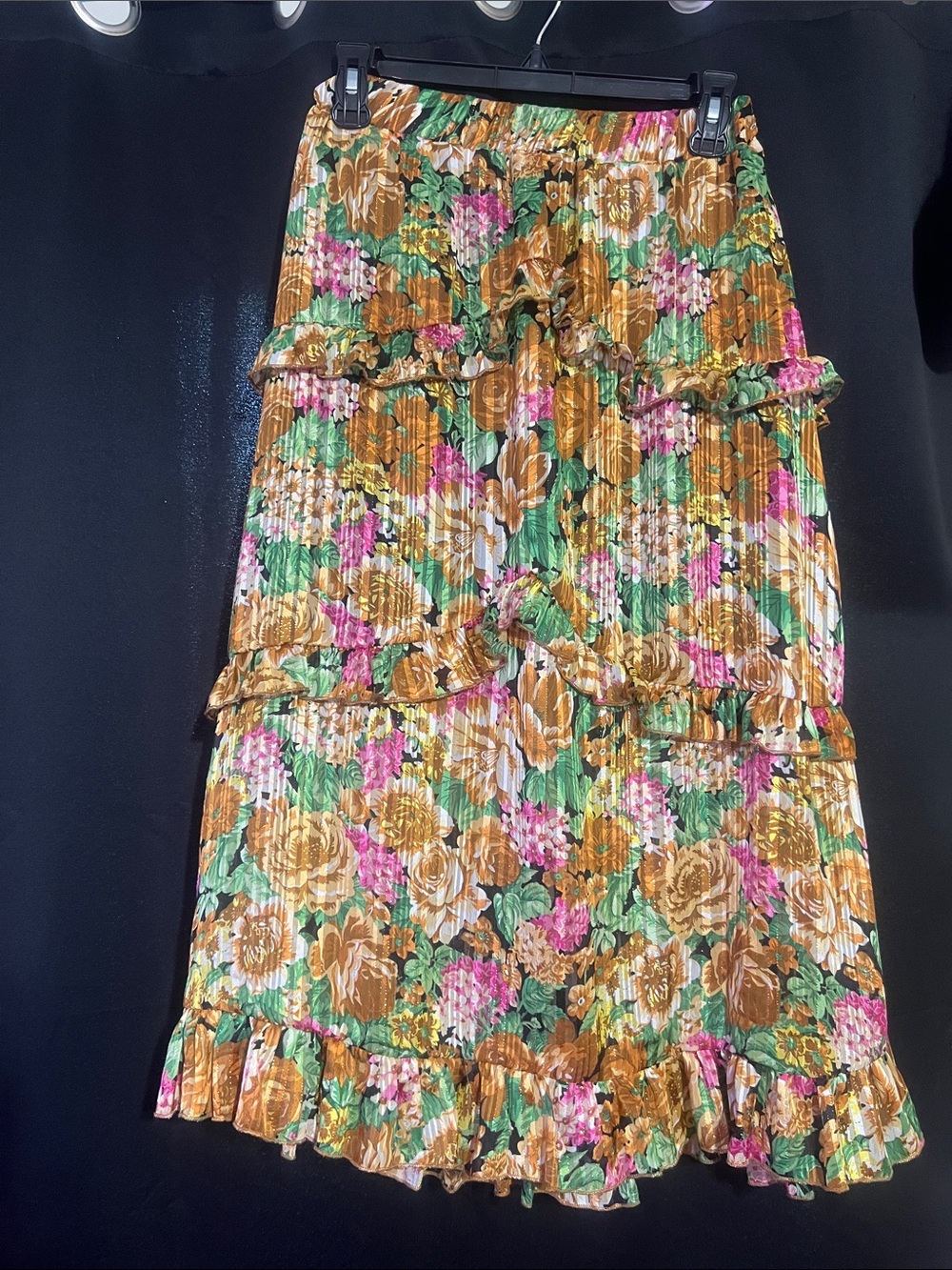 Nasty Gal Floral Midi Skirt in Mustard, Green & Pink